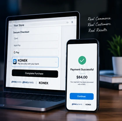 Laptop and mobile payment screens showing a KONEK checkout and successful payment