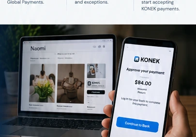 Naomi commerce experience displayed on a laptop beside a KONEK payment approval screen