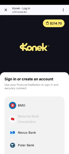 KONEK bank selection screen